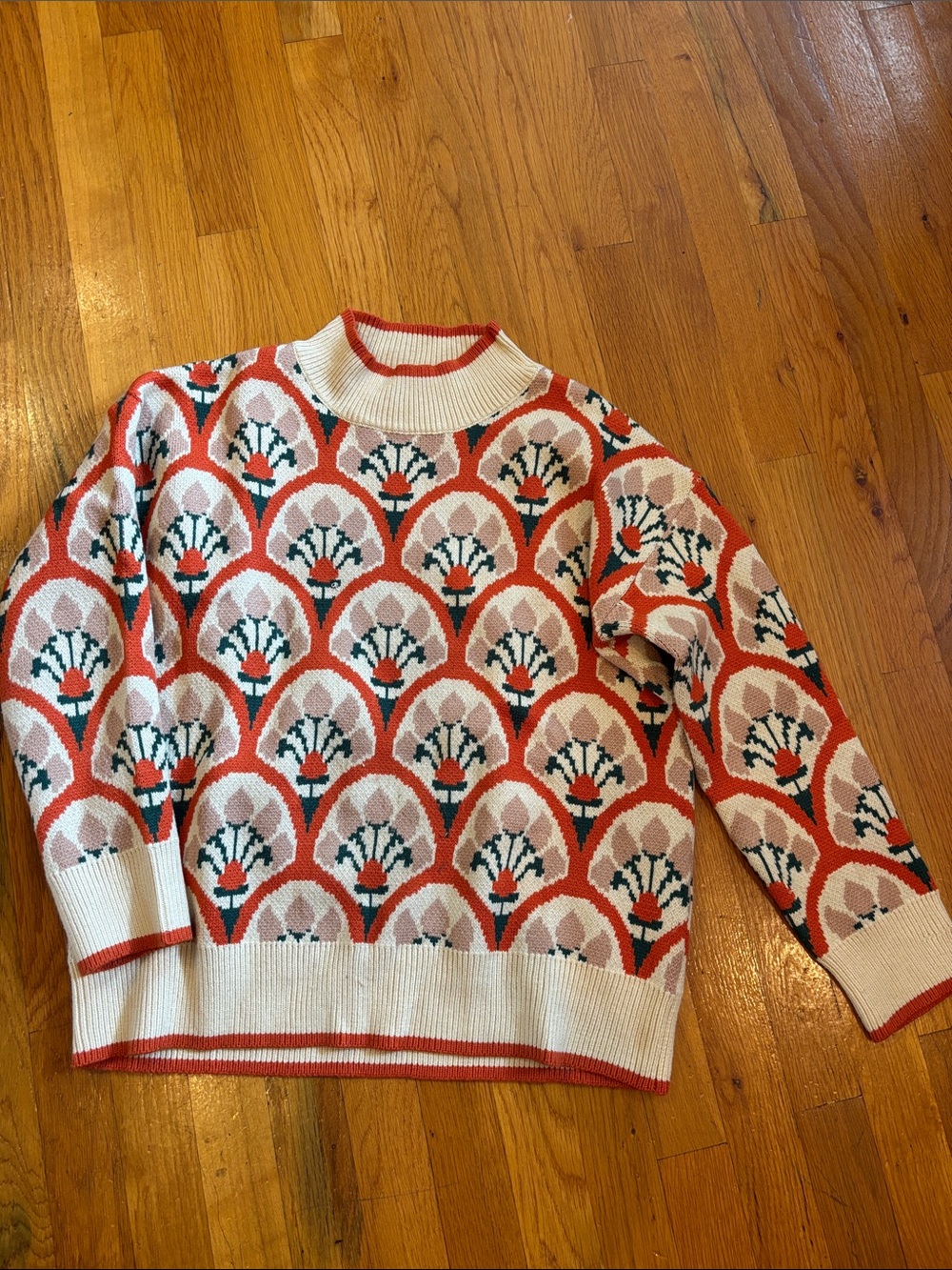 Jodifl Retro Floral Pattern Knit Sweater in Burnt Orange, Cream, Green Small New